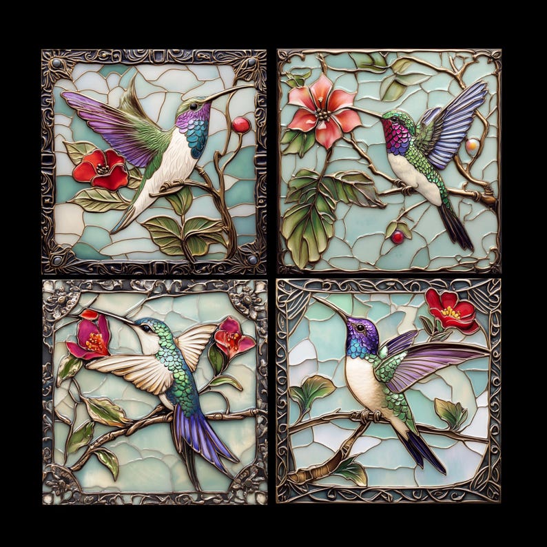 Hummingbird Coaster Set – Stained Glass Style – Set of 4 Ceramic Coasters with Cork Backing