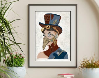 May include: A digital illustration of a woman wearing a blue and brown top hat, goggles, and a long, gold beak mask. The background is a white and gray pattern.
