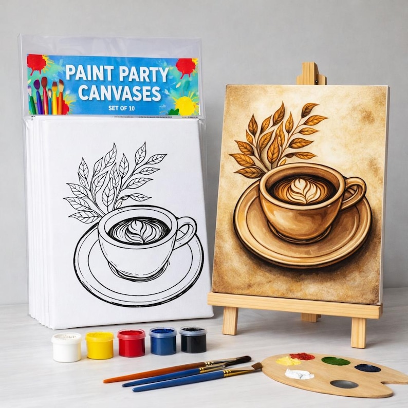 Coffee Paint Party Kit on 8x10 Canvas, Pre Drawn Coffee Cup Canvas Set ...