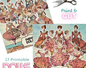 Puede incluir: Una colección de 17 muñecas de papel imprimibles con figuras en elaborados vestidos de estilo victoriano con faldas y corpiños con volantes. La imagen incluye unas tijeras plateadas y el texto Print & CUT y 17 Printable DOLLS.
