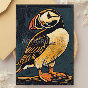 May include: A colorful illustration of a puffin bird with a black and white head and a yellow and orange body. The bird is standing on a branch with a dark blue background.