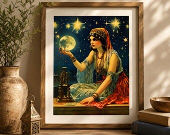 Mystical Moon Goddess Art Print, Celestial Wall Art, Fortune Teller Print, Witch Decor, Moon Magic Artwork, Astrology Wall Art, 8x10 Print