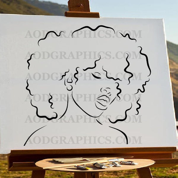 Afro Haar Frau Schablone Kunst, Farbe & Schluck, Schwarze Frau druckbare, vorgezeichnete druckbare Kunst