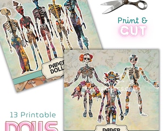 Printable Skeleton Paper Dolls, Gothic Cut & Play Activity, Day of Dead Inspired Paper Doll Set, Printable Halloween Craft, Digital Download