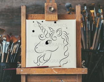 Unicornio prebosquejado, diseño de fiesta de pintura de unicornio, arte de unicornio imprimible