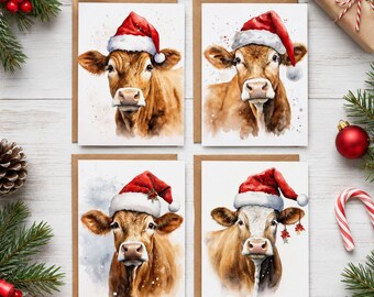 Cow Christmas Cards Set of 12, Farm Animal Holiday Greeting Cards, Blank Guernsey Cow Cards, Rustic Christmas Card Set, Red Cow Stationary