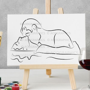 Man & Woman In Water Painting Template, Nude Art, Pre-drawn Canvas, Paint Party Template image 1