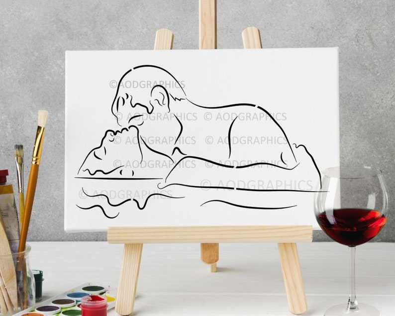 Man & Woman In Water Painting Template, Nude Art, Pre-drawn Canvas, Paint Party Template image 1