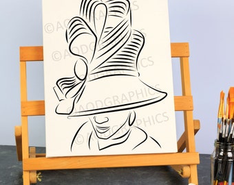 Line Art Lady In Hat Stencil, Paint & Sip, Woman In Hat Vector, Printable Coloring Page