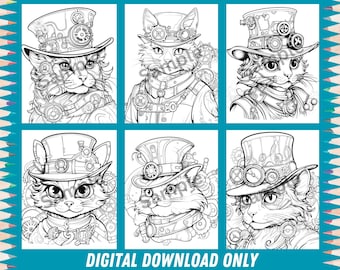 Steampunk Cats Coloring Pages Set of 6 Printables