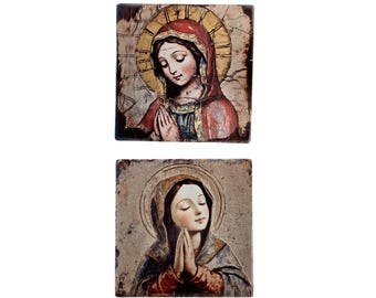 Set of 2 Virgin Mary Ceramic Tiles 4”, Religious Art with Cork Backing