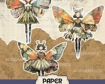 Puede incluir: Tres muñecas de papel con figuras de hadas y grandes alas de mariposa estampadas. Cada muñeca lleva un vestido detallado con texturas mixtas, incluyendo escritura antigua y motivos florales en tonos naranja, amarillo y marrón.