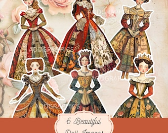 Viktorianisches Papierpuppen Set, 6 elegante Damen, Vintage inspirierte Papierpuppen, königliche Modepuppen, Sammlerpapierpuppen, historische Kleiderkunst