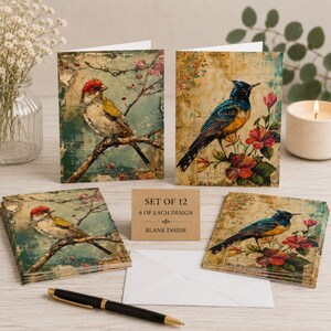 Set of 12 Vintage Bird Greeting Cards, Blank Note Cards with Envelopes, Bird Lover Stationery, Nature Art Card Set, 6 of Each Design