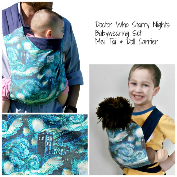 Doctor Who TARDIS and van Gogh Starry Night Mei tai baby carrier and Baby Doll Carrier Set, Mommy and Me Babywearing, Matching Mei Tai Set