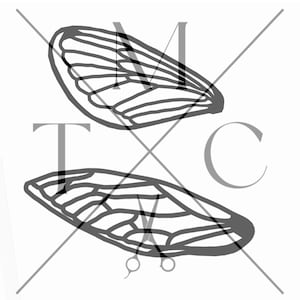 May include: Two stylized, gray insect wings are depicted against a white background. The wings are detailed with parallel lines, suggesting veins. The image also includes the letters "M", "T", and "C" in gray, along with a pair of scissors.