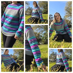 May include: A striped sweater with a grey base and colorful stripes of purple, blue, green, and pink. The sweater is shown on a person in multiple poses.