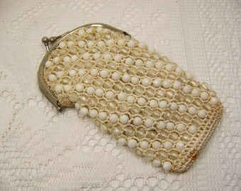 Vintage Small Pouch Purse Beaded Woven Outside Satin Inside KGA Made in Hong Kong