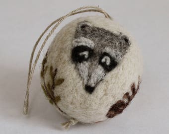 Felted Wool Ball // Raccoon Ornament // Woodland Theme