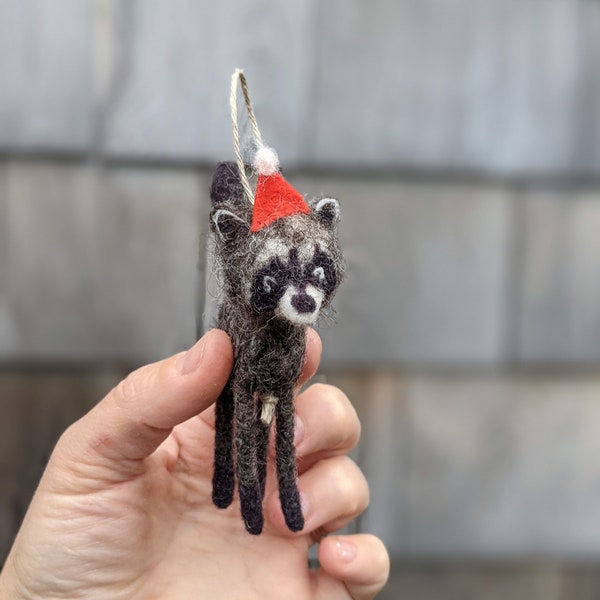 Felted Raccoon with Santa Hat