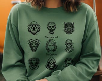 Surrounded by Creeps Sweatshirt, Funny Horror Movie Sweatshirt, Halloween Monster Pullover, Creepy Humor Crewneck, Spooky Gift, Horror Fan