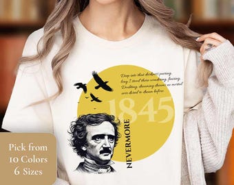 Maglietta di Edgar Allan Poe – Nevermore Raven Tee, maglietta di letteratura gotica, top dark academia, regalo vintage per amanti dei libri horror, grafica spettrale
