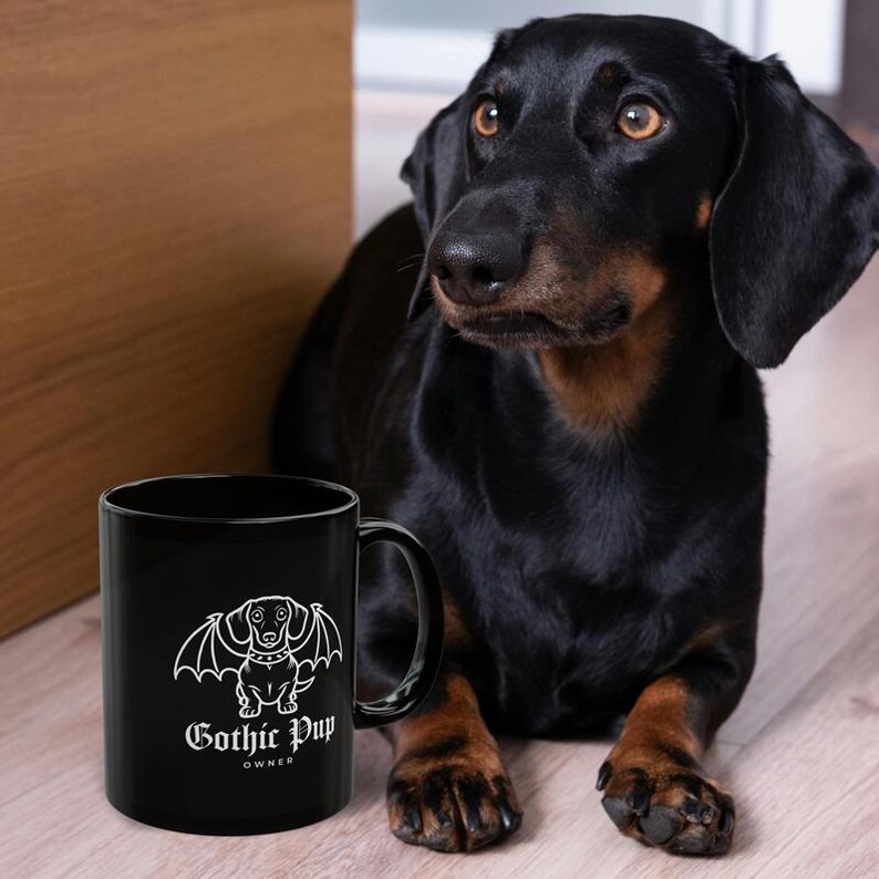 Gothic Dachshund Mug – Black Ceramic Coffee Cup with Bat Wings, Spooky Halloween Doxie Gift, Dog Lover Gothic Drinkware, Weiner Present image 2