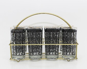 60s High Ball Glasses and Caddy - Set of 8 Vintage 1960s Mid Century Barware