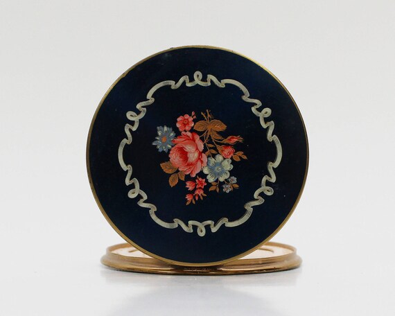 Blue Floral Compact Mirror - Vintage 1950s Pocket