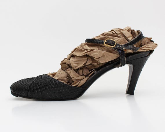 Black Snakeskin Mary Jane Pumps - 40s Size 6 Repti