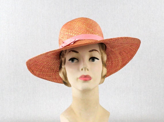 Rose Pink Floppy Hat - Vintage 1980s Pink Bow Sun