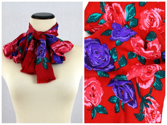 Red Rose Print Scarf - Bill Blass Floral Print Sca