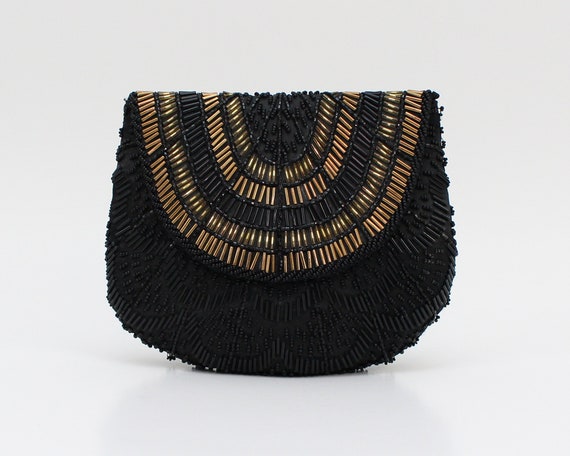 Black and Gold Beaded Clutch - Vintage 1980s Eveni