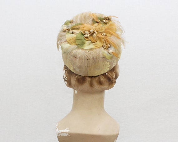 Brocade and Feather Pillbox Hat - 50s Silk Flower