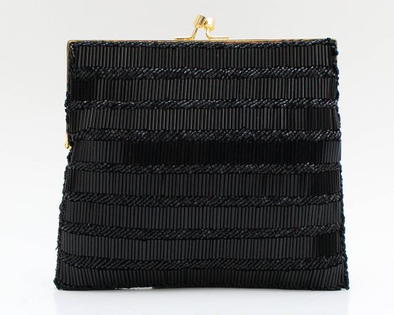 60s Black Beaded Evening Bag - Vintage 1960s Beade