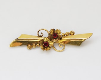 40s Art Nouveau Bar Brooch - Vintage 1940s Gold Filled Ruby Red Rhinestone Pin