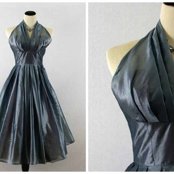 Slate Grey 50s Cupcake Dress - Iridescent Blue Grey Halter Dress - Vintage 1950s Party Dress With Bolero Jacket