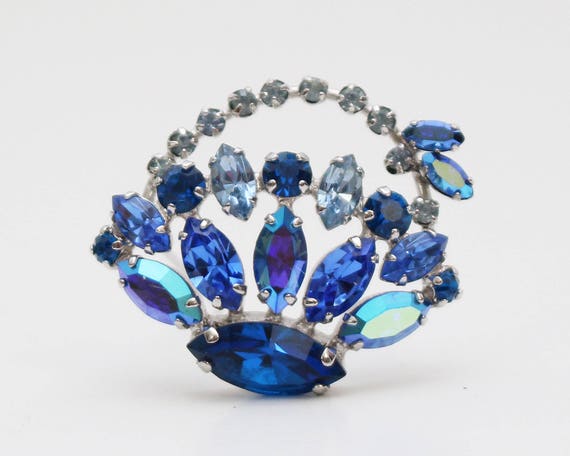 Sherman Blue Rhinestone Basket Brooch - Vintage 19