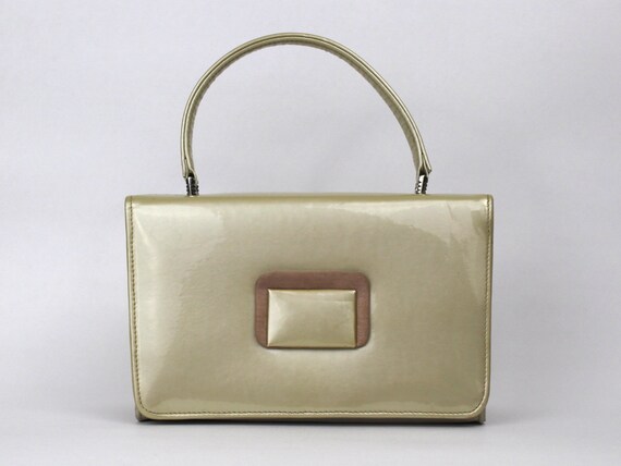 beige patent leather handbag
