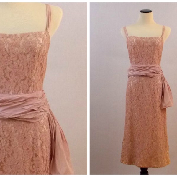 50s Blush Lace Dress - Pink Lace Cocktail Dress - Vintage 1950s Norman Original Lace Dress