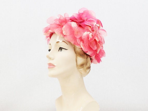 Pink Flower Hat - Vintage 1960s Floral Church Hat