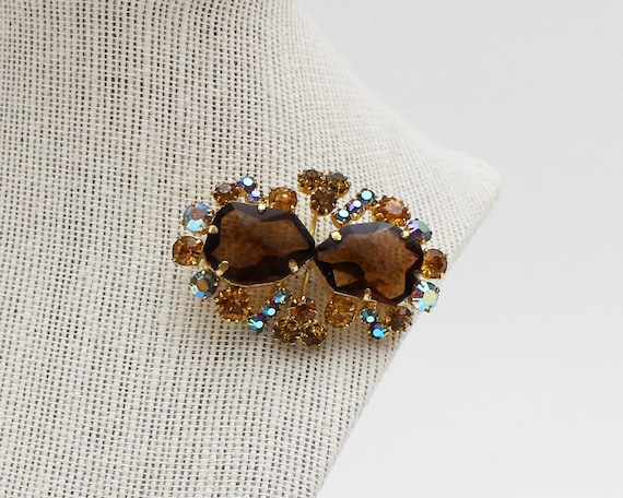 Amber and Root Beer Rhinestone Brooch - Vintage 19