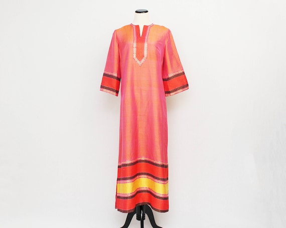 60s Orange Silk Caftan - Vintage 1960s Boho Festiv