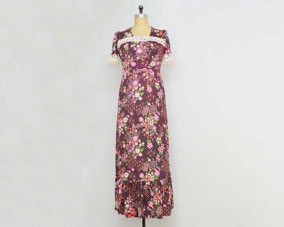 Plum Polka Dot Floral Maxi Dress - Vintage 1960s B