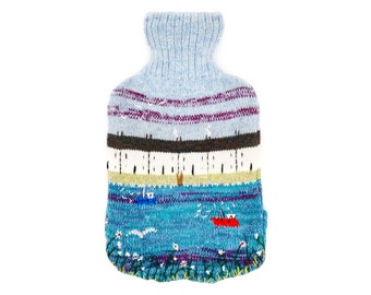 Knitted Lambswool hot water bottle cover with seaside design, including bottle