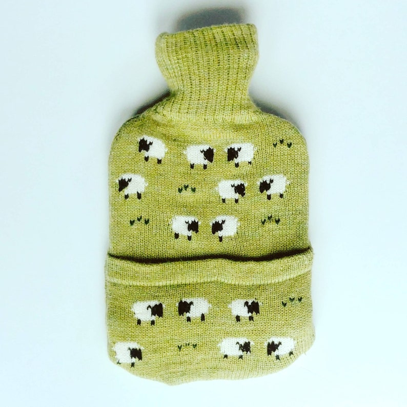 Knitted Lambswool hot water bottle cover with grazing sheep Etsy