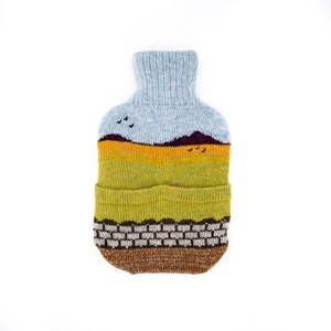 Knitted Lambswool hot water bottle cover with countryside design image 2