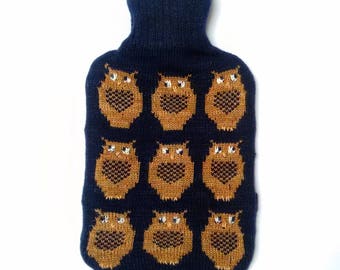 Knitted Lambswool hot water bottle cover featuring rows of inquisitive owls