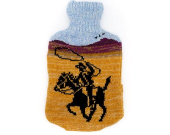 Ye Ha! Knitted Lambswool hot water bottle cover with cowboy design