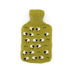 Knitted Lambswool hot water bottle cover with grazing sheep design